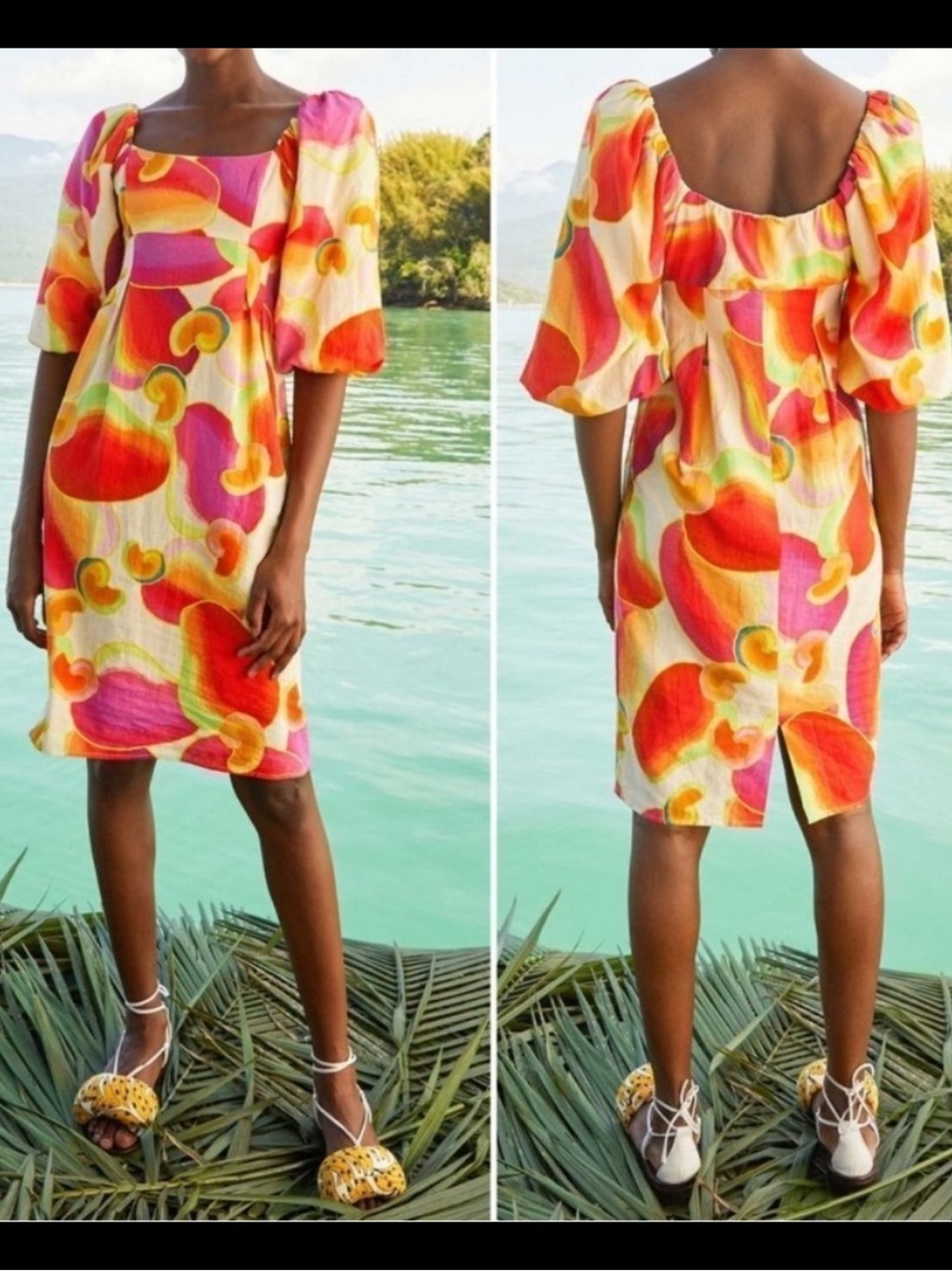FARM Rio Cashew Juice Vibrant Linen Dress Size S